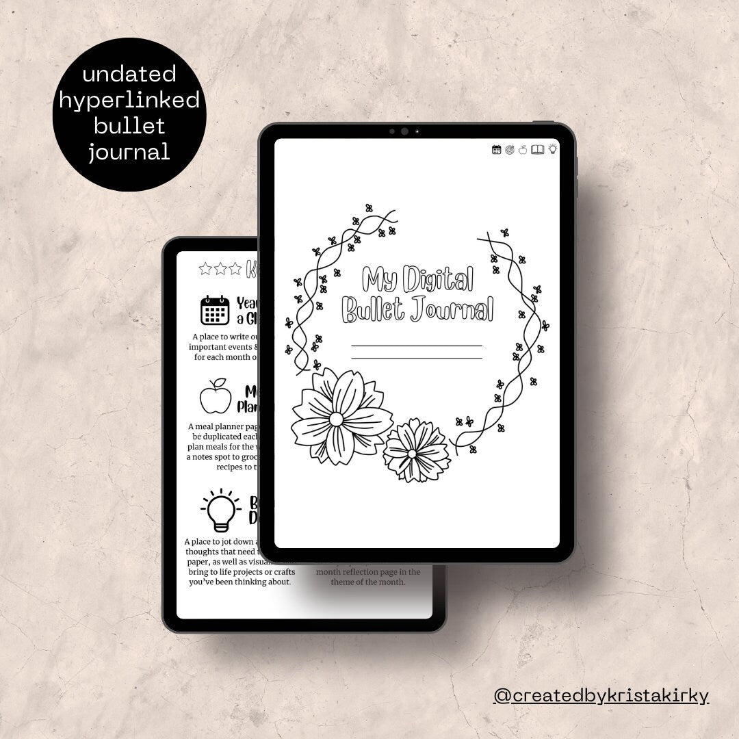 My Digital Bullet Journal - Hyperlinked, Undated, Themed Templates, Goals & Reflection, Meal Planner, Reading Journal, Brain Dump Sections
