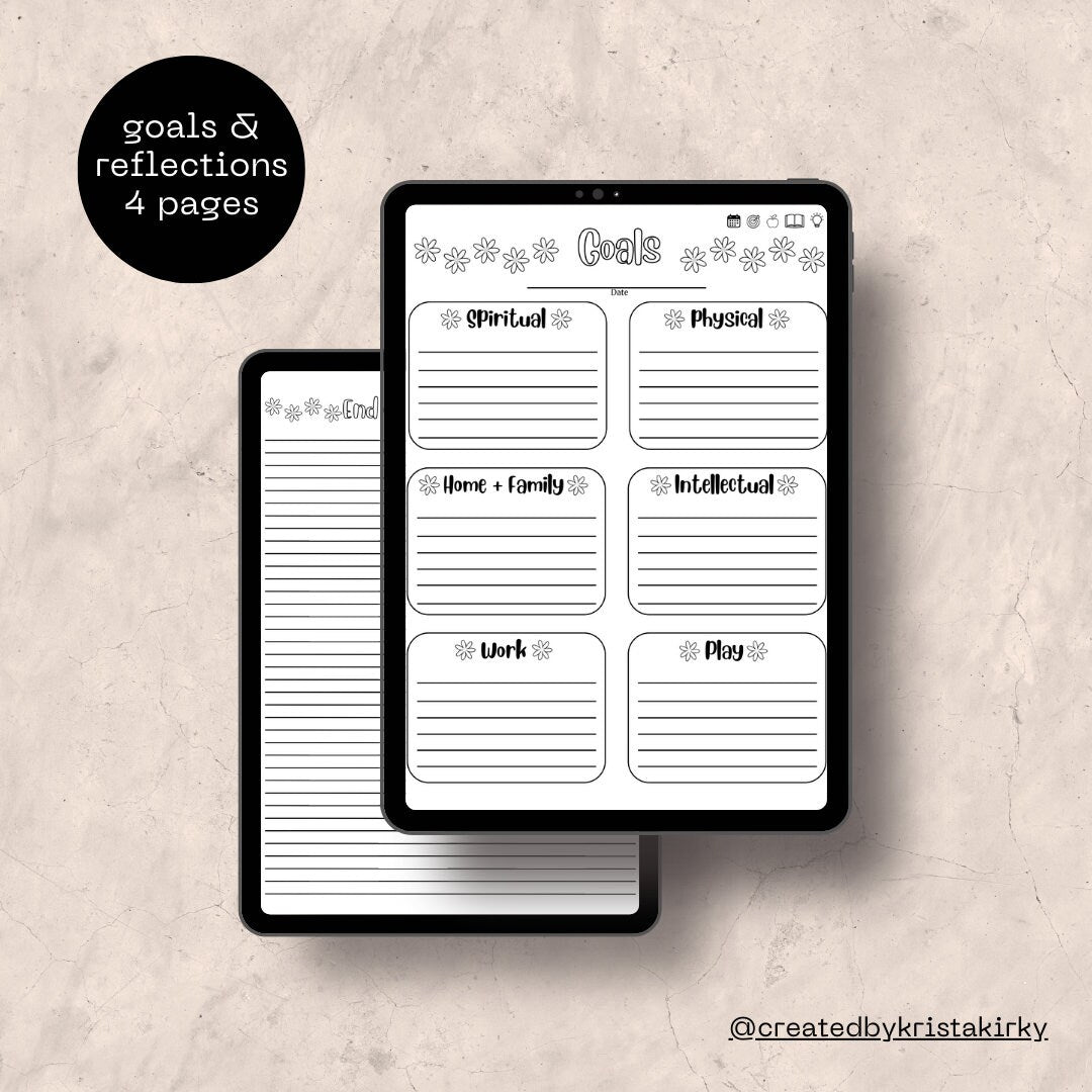 My Digital Bullet Journal - Hyperlinked, Undated, Themed Templates, Goals & Reflection, Meal Planner, Reading Journal, Brain Dump Sections
