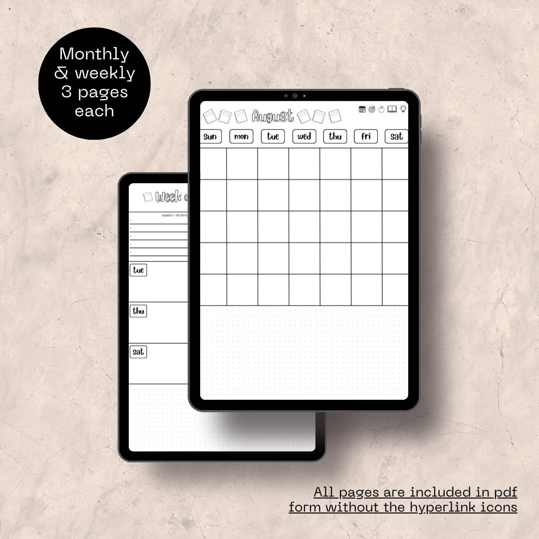 My Digital Bullet Journal - Hyperlinked, Undated, Themed Templates, Goals & Reflection, Meal Planner, Reading Journal, Brain Dump Sections