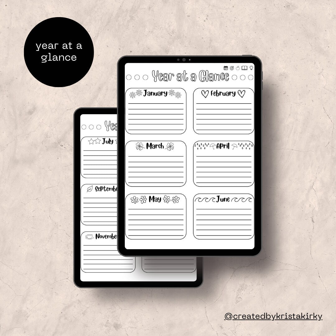 My Digital Bullet Journal - Hyperlinked, Undated, Themed Templates, Goals & Reflection, Meal Planner, Reading Journal, Brain Dump Sections